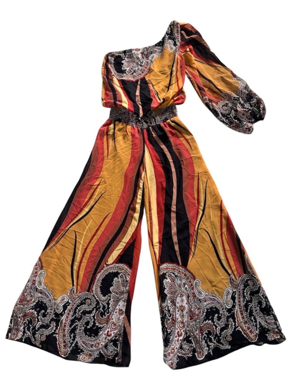 Va Va Voom One-Shoulder Wide-Leg Jumpsuit in Mustard, Red & Black Paisley Stripe